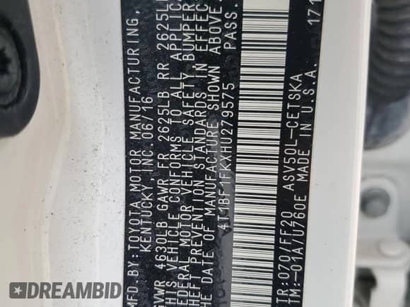 2017 Toyota Camry LE с VIN 4T1BF1FKXHU279575, выставлен на аукционе Copart как лот 53484935 с пробегом Не указан миль и Списание • Salvage title. История ставок и продаж доступна на DreamBid. Изображение 12.