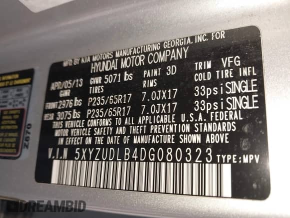 2013 Hyundai Santa Fe Sport with VIN 5XYZUDLB4DG080323, listed as a IAAI auction lot 42884115 with Not provided miles and . Bid and sale history available at DreamBid. Image 9.