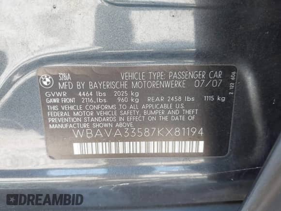 2007 BMW 3 Series 328i z VIN WBAVA33587KX81194, wystawiony jako IAAI lot #43087942 z przebiegiem 168 267 mil mil oraz . Historia ofert i sprzedaży dostępna na DreamBid. Obrazek 9.