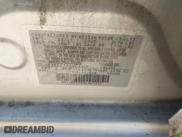 2017 Nissan Note SV с VIN 3N1CE2CP5HL369375, выставлен на аукционе IAAI как лот 42764860 с пробегом 96 568 миль миль и . История ставок и продаж доступна на DreamBid. Изображение 9.