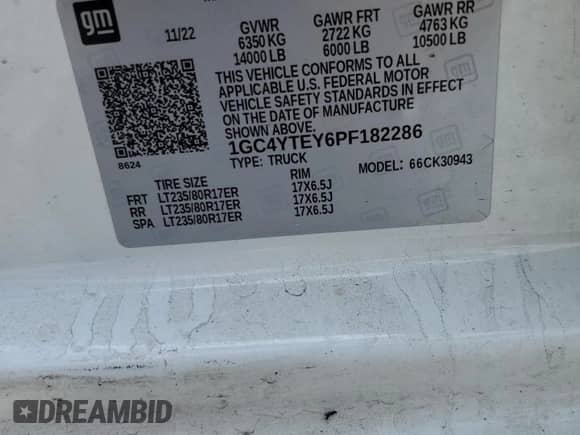 2023 Chevrolet Silverado 3500HD LT with VIN 1GC4YTEY6PF182286, listed as a Copart auction lot 58806975 with 179,862 mi miles and Clean title. Bid and sale history available at DreamBid. Image 12.