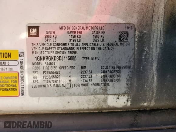 2013 Chevrolet Traverse LT z VIN 1GNKRGKD8DJ115086, wystawiony jako Copart lot #84631315 z przebiegiem 217 058 mil mil oraz Szkoda całkowita • Salvage title. Historia ofert i sprzedaży dostępna na DreamBid. Obrazek 13.