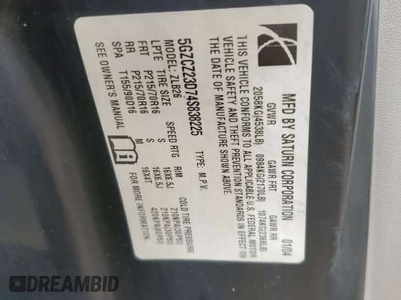 2004 Saturn VUE z VIN 5GZCZ23D74S838225, wystawiony jako Copart lot #87077354 z przebiegiem 178 491 mil mil oraz Szkoda całkowita • Salvage title. Historia ofert i sprzedaży dostępna na DreamBid. Obrazek 16.