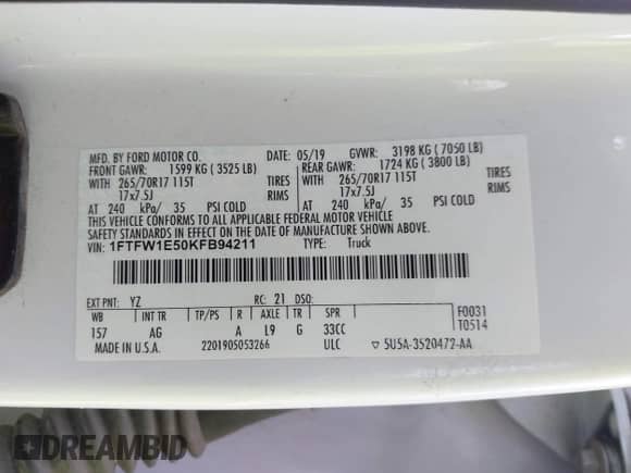 2019 Ford F-150 XL with VIN 1FTFW1E50KFB94211, listed as a IAAI auction lot 42996836 with 149,163 mi miles and . Bid and sale history available at DreamBid. Image 9.