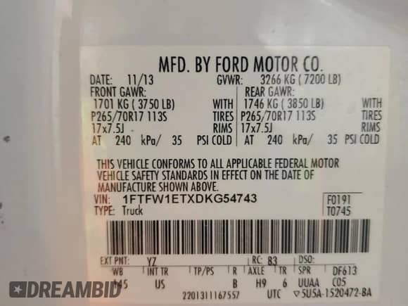 2013 Ford F-150 XLT z VIN 1FTFW1ETXDKG54743, wystawiony jako Copart lot #90949185 z przebiegiem Nie podano mil oraz Czysty tytuł • Clean title. Historia ofert i sprzedaży dostępna na DreamBid. Obrazek 12.