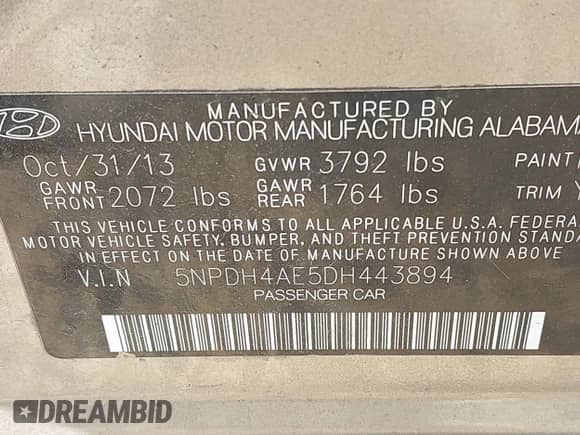 2013 Hyundai Elantra GLS z VIN 5NPDH4AE5DH443894, wystawiony jako IAAI lot #43231549 z przebiegiem 116 129 mil mil oraz . Historia ofert i sprzedaży dostępna na DreamBid. Obrazek 9.