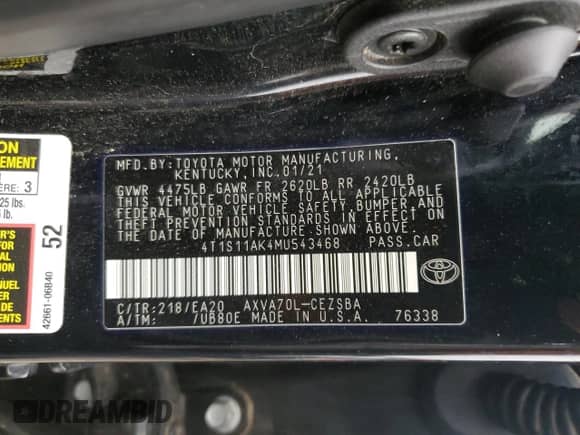 2021 Toyota Camry SE z VIN 4T1S11AK4MU543468, wystawiony jako Copart lot #60939165 z przebiegiem 30 311 mil mil oraz Szkoda całkowita • Salvage title. Historia ofert i sprzedaży dostępna na DreamBid. Obrazek 12.