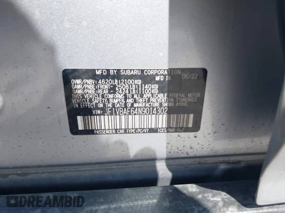 2022 Subaru WRX Premium с VIN JF1VBAF64N9014302, выставлен на аукционе IAAI как лот 41610336 с пробегом 34 021 миль миль и . История ставок и продаж доступна на DreamBid. Изображение 9.