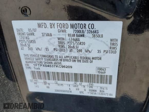 2007 Ford F-150 XLT with VIN 1FTPX04537KC96209, listed as a Copart auction lot 63830835 with 163,332 mi miles and Salvage title. Bid and sale history available at DreamBid. Image 12.