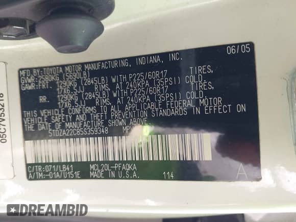 2005 Toyota Sienna XLE z VIN 5TDZA22C85S359348, wystawiony jako IAAI lot #42640899 z przebiegiem 185 773 mil mil oraz . Historia ofert i sprzedaży dostępna na DreamBid. Obrazek 9.