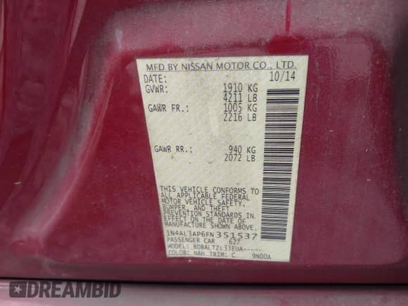 2015 Nissan Altima SL with VIN 1N4AL3AP6FN351537, listed as a IAAI auction lot 43351919 with 161,780 mi miles and . Bid and sale history available at DreamBid. Image 9.