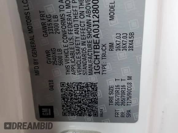 2018 Chevrolet Colorado 4WD Work Truck с VIN 1GCHTBEA0J1280084, выставлен на аукционе Copart как лот 53359345 с пробегом 170 136 миль миль и Чистый • Clean title. История ставок и продаж доступна на DreamBid. Изображение 12.