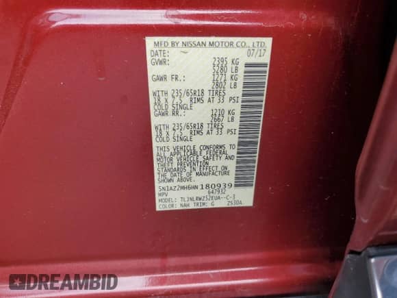 2017 Nissan Murano Platinum с VIN 5N1AZ2MH6HN180939, выставлен на аукционе Copart как лот 82555495 с пробегом 106 034 миль миль и Списание • Salvage title. История ставок и продаж доступна на DreamBid. Изображение 13.