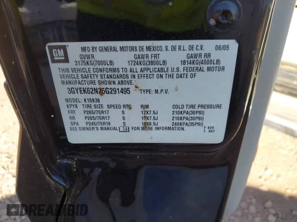 2005 Cadillac Escalade EXT with VIN 3GYEK62N25G291495, listed as a IAAI auction lot 43479336 with 136,336 mi miles and . Bid and sale history available at DreamBid. Image 9.