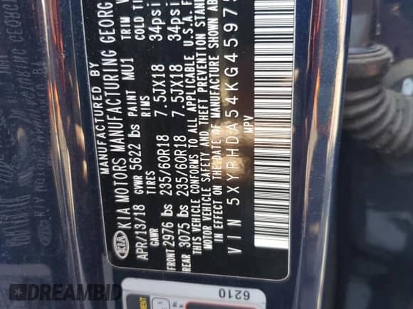 2019 Kia Sorento EX with VIN 5XYPHDA54KG459750, listed as a Copart auction lot 61472995 with 100,730 mi miles and Salvage title. Bid and sale history available at DreamBid. Image 13.