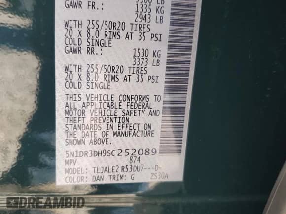 2025 Nissan Pathfinder Platinum with VIN 5N1DR3DH9SC252089, listed as a Copart auction lot 85111795 with 5,001 mi miles and Salvage title. Bid and sale history available at DreamBid. Image 14.