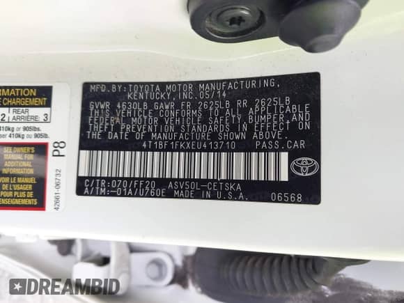 2014 Toyota Camry LE with VIN 4T1BF1FKXEU413710, listed as a IAAI auction lot 43416696 with 238,545 mi miles and . Bid and sale history available at DreamBid. Image 9.