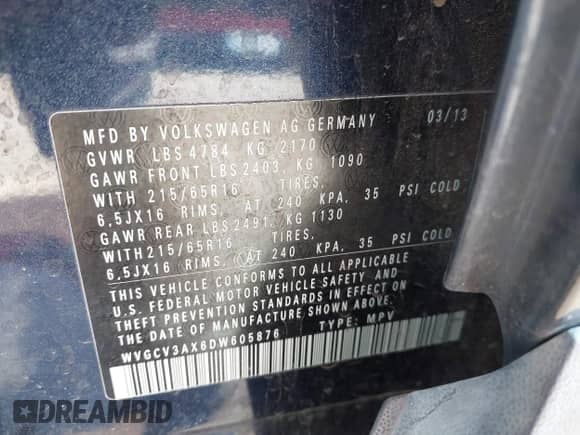 2013 Volkswagen Tiguan с VIN WVGCV3AX6DW605876, выставлен на аукционе IAAI как лот 42431619 с пробегом 106 279 миль миль и . История ставок и продаж доступна на DreamBid. Изображение 9.