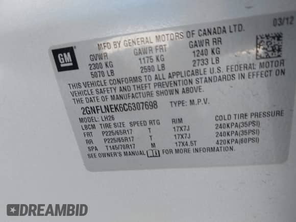 2012 Chevrolet Equinox 2LT with VIN 2GNFLNEK6C6307698, listed as a IAAI auction lot 42728658 with 120,136 mi miles and . Bid and sale history available at DreamBid. Image 9.