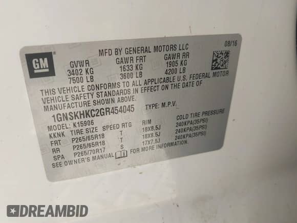 2016 Chevrolet Suburban LT с VIN 1GNSKHKC2GR454045, выставлен на аукционе IAAI как лот 42719425 с пробегом 184 898 миль миль и . История ставок и продаж доступна на DreamBid. Изображение 9.