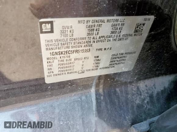 2015 Chevrolet Tahoe Commercial z VIN 1GNSK2EC5FR515993, wystawiony jako Copart lot #58700455 z przebiegiem 133 248 mil mil oraz Szkoda całkowita • Salvage title. Historia ofert i sprzedaży dostępna na DreamBid. Obrazek 13.