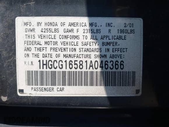 2001 Honda Accord EX с VIN 1HGCG16581A046366, выставлен на аукционе IAAI как лот 42855801 с пробегом 407 778 миль миль и . История ставок и продаж доступна на DreamBid. Изображение 9.