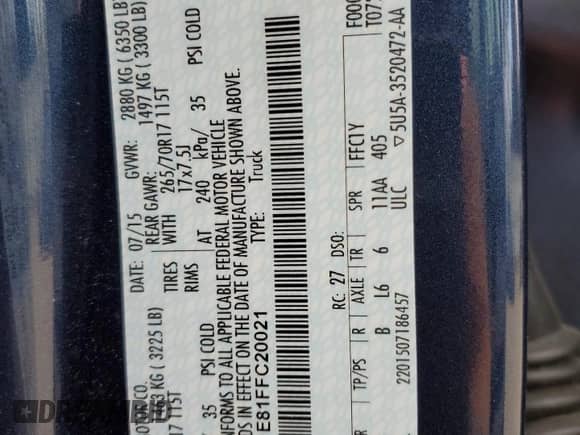 2015 Ford F-150 XLT с VIN 1FTEW1E81FFC20021, выставлен на аукционе Copart как лот 85191944 с пробегом 126 784 миль миль и Списание • Salvage title. История ставок и продаж доступна на DreamBid. Изображение 12.