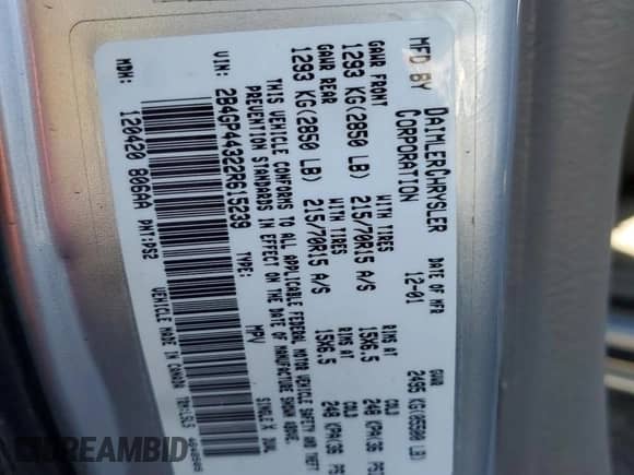 2002 Dodge Caravan Sport with VIN 2B4GP44322R615239, listed as a Copart auction lot 66906285 with 253,596 mi miles and Salvage title. Bid and sale history available at DreamBid. Image 13.