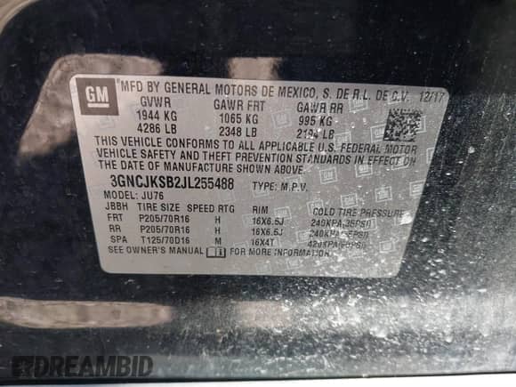 2018 Chevrolet Trax LS z VIN 3GNCJKSB2JL255488, wystawiony jako IAAI lot #41760352 z przebiegiem 98 968 mil mil oraz . Historia ofert i sprzedaży dostępna na DreamBid. Obrazek 9.