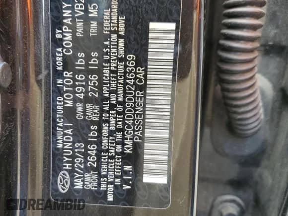 2013 Hyundai Genesis 3.8L с VIN KMHGC4DD9DU246369, выставлен на аукционе Copart как лот 84050935 с пробегом 186 604 миль миль и На запчасти • Non repairable. История ставок и продаж доступна на DreamBid. Изображение 12.