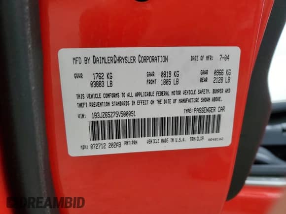 2005 Dodge Viper SRT-10 with VIN 1B3JZ65Z75V500091, listed as a Copart auction lot 55659525 with 15,903 mi miles and Salvage title. Bid and sale history available at DreamBid. Image 12.