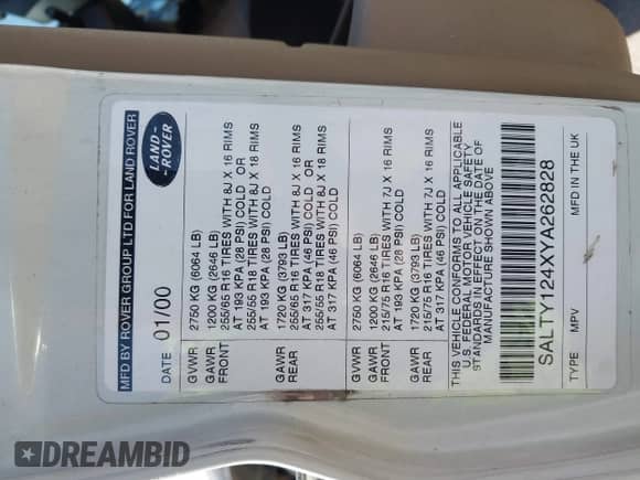 2000 Land Rover Discovery Cloth с VIN SALTY124XYA262828, выставлен на аукционе IAAI как лот 41769729 с пробегом 215 711 миль миль и . История ставок и продаж доступна на DreamBid. Изображение 9.