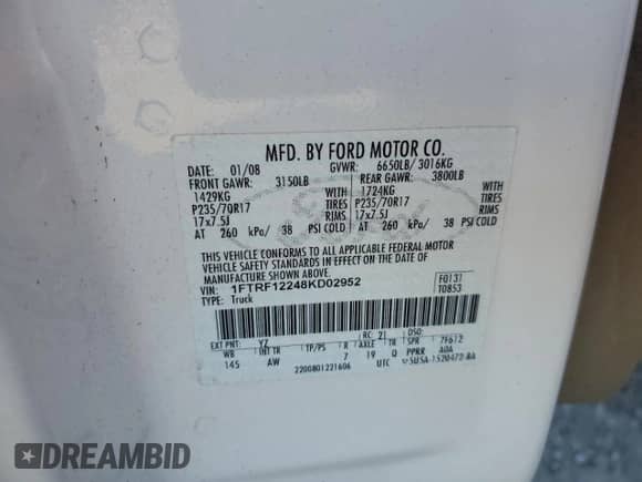 2008 Ford F-150 XL with VIN 1FTRF12248KD02952, listed as a Copart auction lot 80334045 with 156,242 mi miles and Salvage title. Bid and sale history available at DreamBid. Image 12.