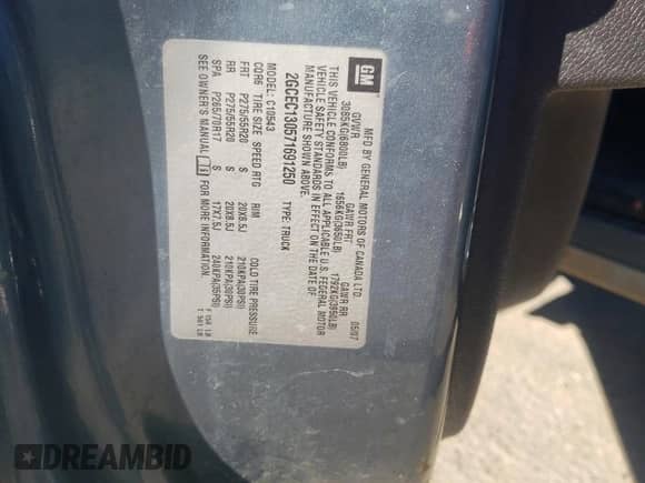 2007 Chevrolet Silverado 1500 1LT with VIN 2GCEC130571691250, listed as a Copart auction lot 85279254 with 105,573 mi miles and Salvage title. Bid and sale history available at DreamBid. Image 13.