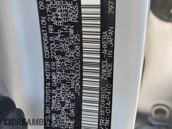 2012 Toyota Prius Four with VIN JTDKN3DU2C1608125, listed as a Copart auction lot 84802765 with Not provided miles and Salvage title. Bid and sale history available at DreamBid. Image 12.