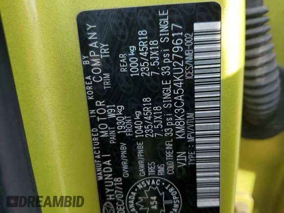 2019 Hyundai Kona Limited z VIN KM8K3CA54KU279617, wystawiony jako Copart lot #68842075 z przebiegiem 103 918 mil mil oraz Szkoda całkowita • Salvage title. Historia ofert i sprzedaży dostępna na DreamBid. Obrazek 12.