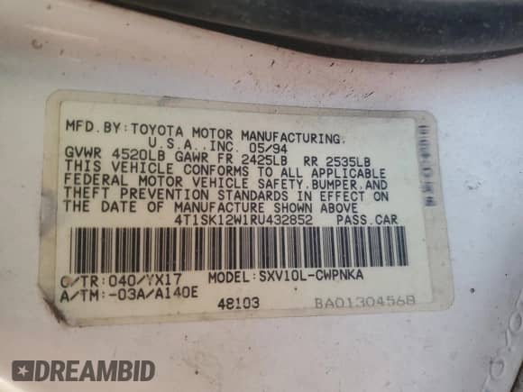 1994 Toyota Camry z VIN 4T1SK12W1RU432852, wystawiony jako Copart lot #47316515 z przebiegiem Nie podano mil oraz Szkoda całkowita • Salvage title. Historia ofert i sprzedaży dostępna na DreamBid. Obrazek 12.
