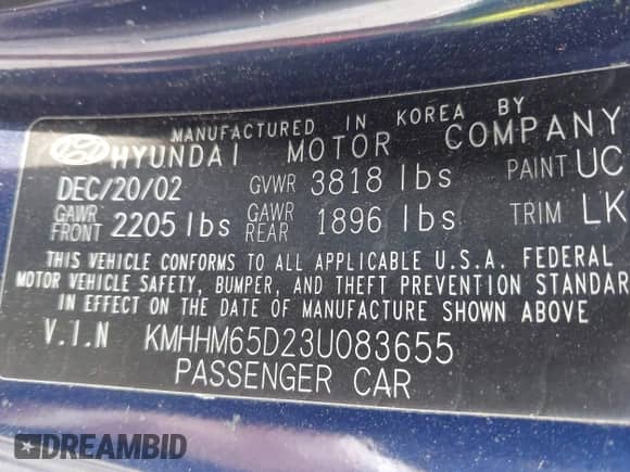 2003 Hyundai Tiburon with VIN KMHHM65D23U083655, listed as a IAAI auction lot 42923698 with Not provided miles and . Bid and sale history available at DreamBid. Image 9.