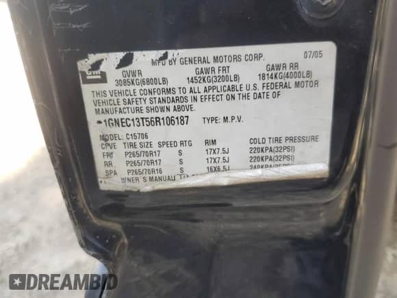 2006 Chevrolet Tahoe Z71 с VIN 1GNEC13T56R106187, выставлен на аукционе Copart как лот 60729985 с пробегом 72 710 миль миль и Списание • Salvage title. История ставок и продаж доступна на DreamBid. Изображение 13.