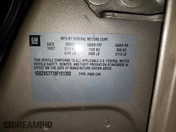 2008 Saturn Aura XR с VIN 1G8ZV57778F151302, выставлен на аукционе Copart как лот 69329575 с пробегом Не указан миль и Списание • Salvage title. История ставок и продаж доступна на DreamBid. Изображение 12.