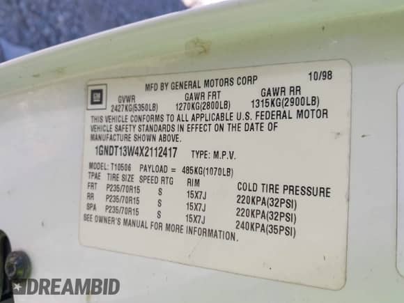 1999 Chevrolet Blazer LT z VIN 1GNDT13W4X2112417, wystawiony jako IAAI lot #42621928 z przebiegiem 74 518 mil mil oraz . Historia ofert i sprzedaży dostępna na DreamBid. Obrazek 9.