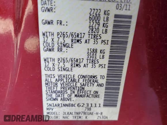 2011 Nissan Pathfinder S с VIN 5N1AR1NN8BC623111, выставлен на аукционе Copart как лот 53164975 с пробегом 170 779 миль миль и Списание • Salvage title. История ставок и продаж доступна на DreamBid. Изображение 13.