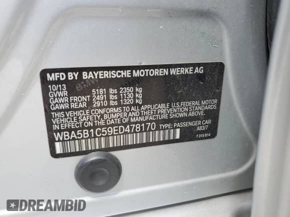 2014 BMW 5 Series 535i z VIN WBA5B1C59ED478170, wystawiony jako Copart lot #70325395 z przebiegiem 142 923 mil mil oraz Szkoda całkowita • Salvage title. Historia ofert i sprzedaży dostępna na DreamBid. Obrazek 12.