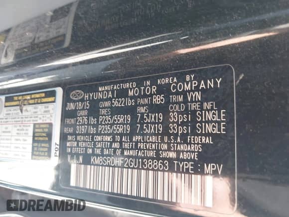 2016 Hyundai Santa Fe Limited with VIN KM8SRDHF2GU138863, listed as a IAAI auction lot 42659525 with 228,127 mi miles and . Bid and sale history available at DreamBid. Image 9.