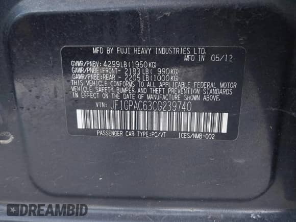 2012 Subaru Impreza Premium with VIN JF1GPAC63CG239740, listed as a IAAI auction lot 42838296 with 113,898 mi miles and . Bid and sale history available at DreamBid. Image 9.