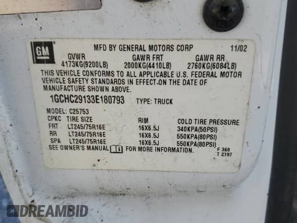 2003 Chevrolet Silverado 2500HD LS with VIN 1GCHC29133E180793, listed as a Copart auction lot 72180174 with Not provided miles and Salvage title. Bid and sale history available at DreamBid. Image 12.