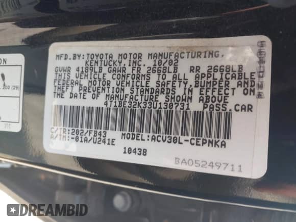 2003 Toyota Camry XLE z VIN 4T1BE32K33U130731, wystawiony jako IAAI lot #42442828 z przebiegiem 179 118 mil mil oraz . Historia ofert i sprzedaży dostępna na DreamBid. Obrazek 9.