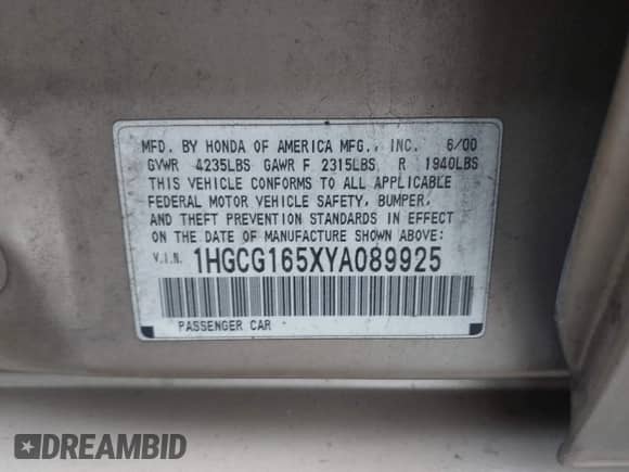 2000 Honda Accord EX with VIN 1HGCG165XYA089925, listed as a IAAI auction lot 43429332 with 212,952 mi miles and . Bid and sale history available at DreamBid. Image 9.