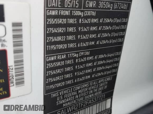 2015 Land Rover Range Rover Sport Supercharged with VIN SALWR2TF2FA537721, listed as a Copart auction lot 81487785 with 97,011 mi miles and Clean title. Bid and sale history available at DreamBid. Image 13.