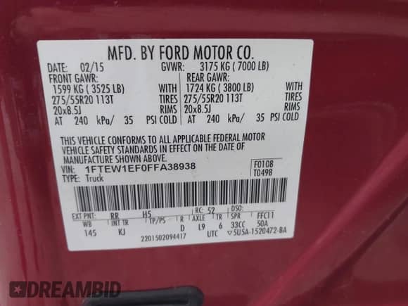 2015 Ford F-150 XLT with VIN 1FTEW1EF0FFA38938, listed as a IAAI auction lot 42662379 with 125,889 mi miles and . Bid and sale history available at DreamBid. Image 9.